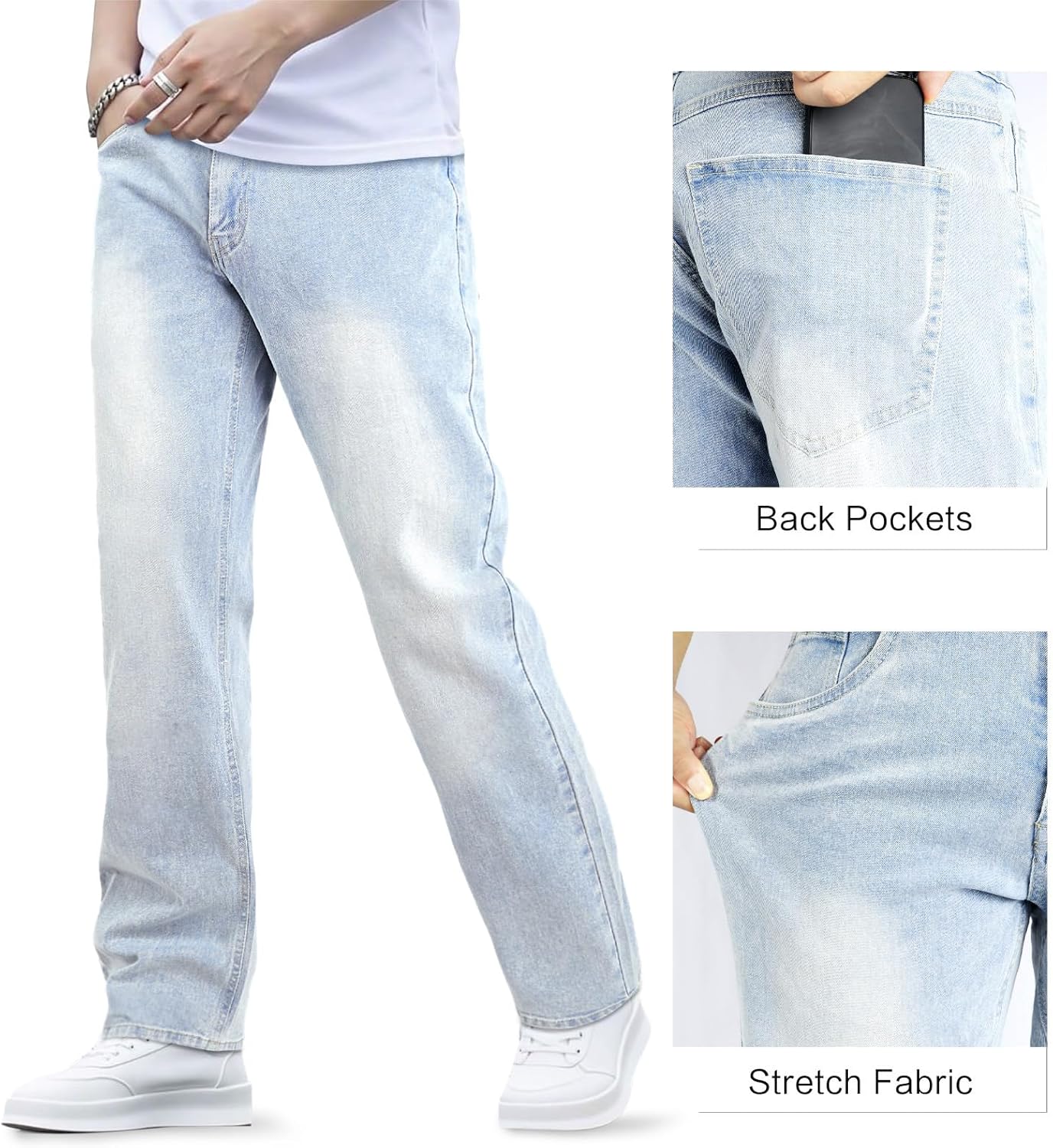 Heyfanee Mens Jeans Relaxed Fit Stretch Denim Jeans for Men Straight Leg Comfort - Image 3