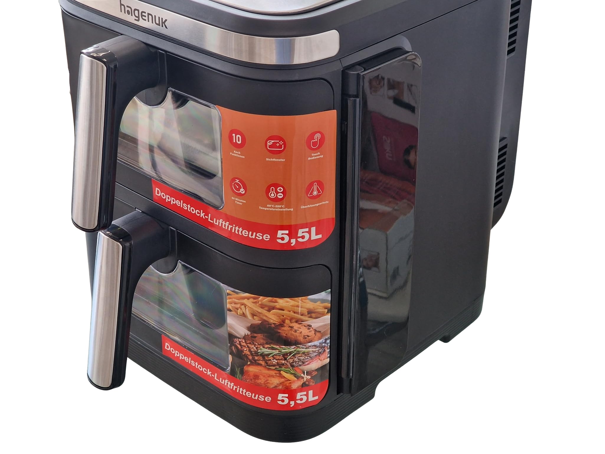Premium Doppel-Heißluftfritteuse 2×5,5L mit Sichtfenster, 10 Programmen, Grill-Einsatz, Touchdisplay, Sync-Match-Funktion, 2800W, Modell DAF 2800.12 Designed in Germany