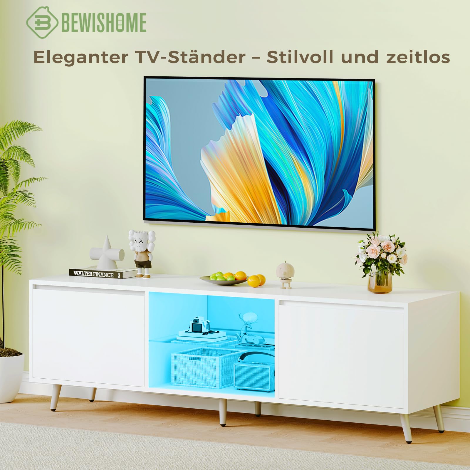 BEWISHOME Tv Schrank Mit Led Beleuchtung, Weißer Fernsehtisch Mit 2 Schranktüren, Höhenverstellbarer Glasablage, Tv Board Hochglanz Für Wohnzimmer, Schlafzimmer, Bürorau,148x40x49.5 cm EKDG04W