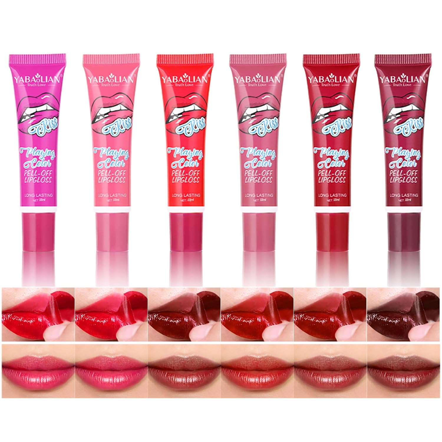 6PCS Lip Stain Peel Off Lip Tint Stain Set Matte Liquid Tattoo Lipstick Semi-permanent lip gloss Lengthy Lasting Waterproof Non-Stick Cup Lip Gloss for Ladies Lip Make-up#178