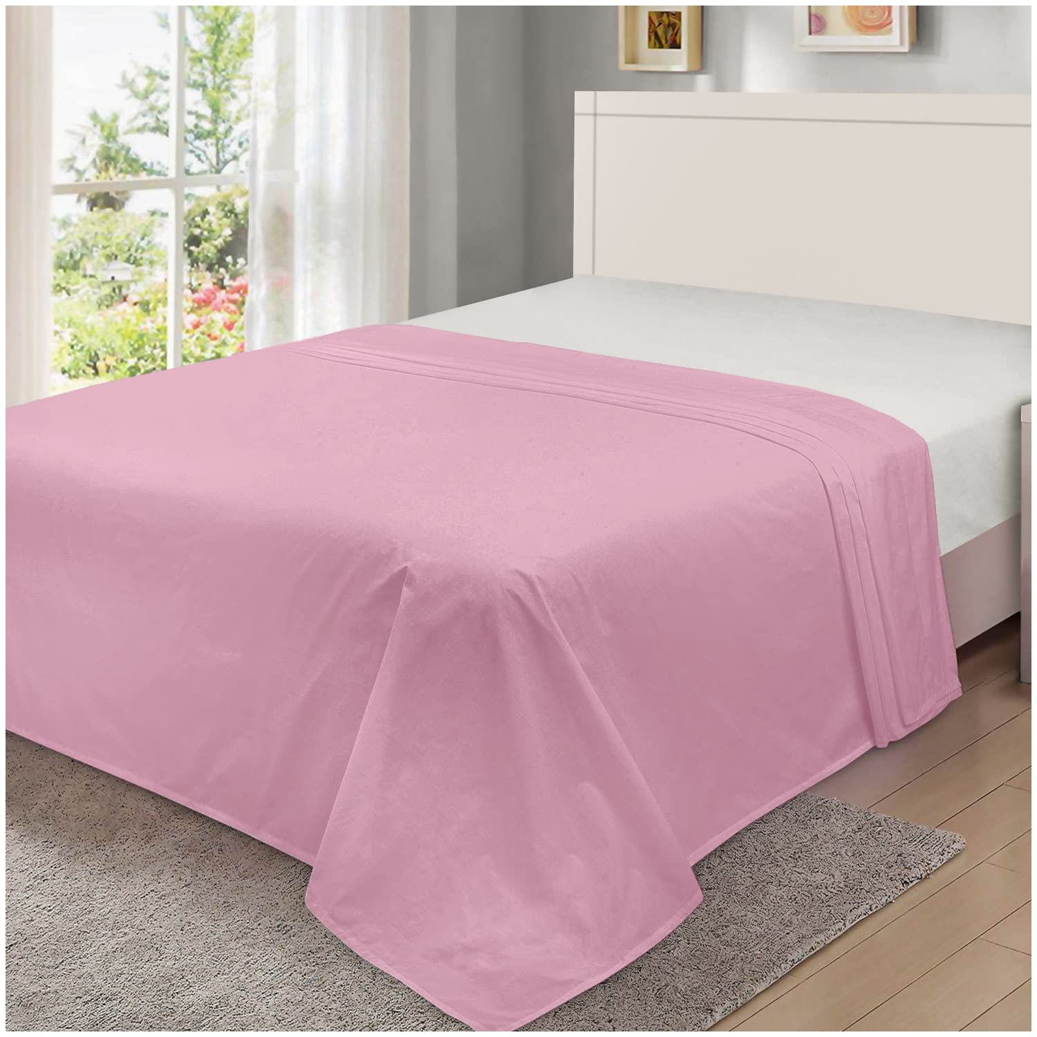 Soft Hotel Quality Bedding, Wrinkle Free Polycotton Flat Sheet Skin Friendly Bedsheet, Comfy Plain Dyed Bed Sheets, Pink