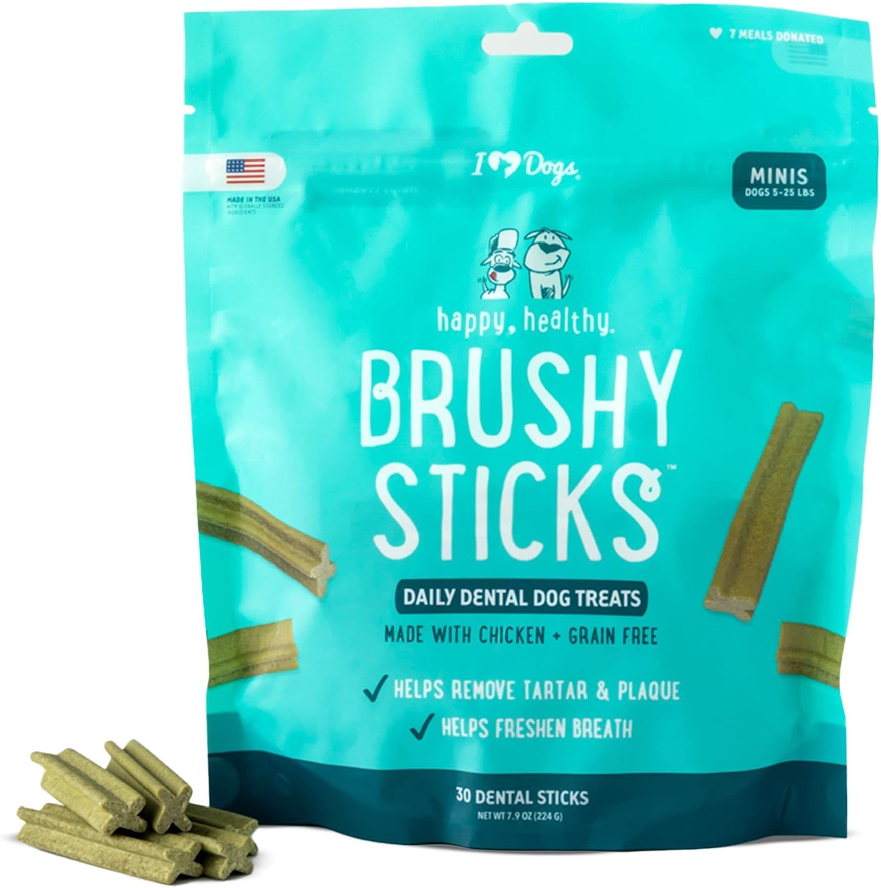 Brushy Sticks - Dental Treats for Dogs Removes Plaque and Tartar Buildup - Grain-Free Dog Teeth Cleaning Chews Made with Chicken - 30 Mini Sticks