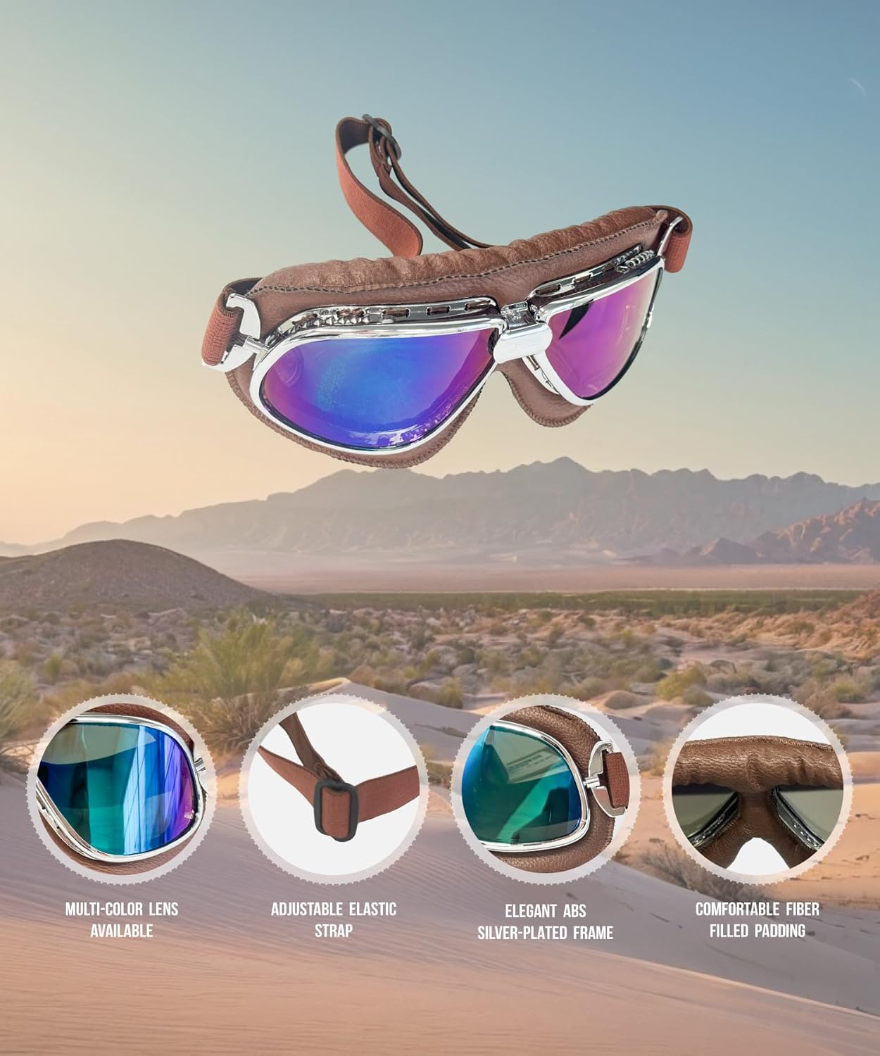 CRG Sports Motorcycle Goggle Aviator Pilot Style Cruiser Scooter Motocross Goggles for Men, Women, Adults Multi-color Lens Brown Padding image 4 of 7 B00PT8KJIG