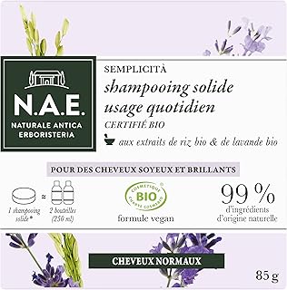 N.A.E. Shampoing Solide Certifié Bio, Usage Quotidien Cheveux Normaux, Extraits de Riz Bio et de Lavande Bio, Formule Vegan, 99 pour cent d'ingrédients d'origine naturelle, Savon de 85 g