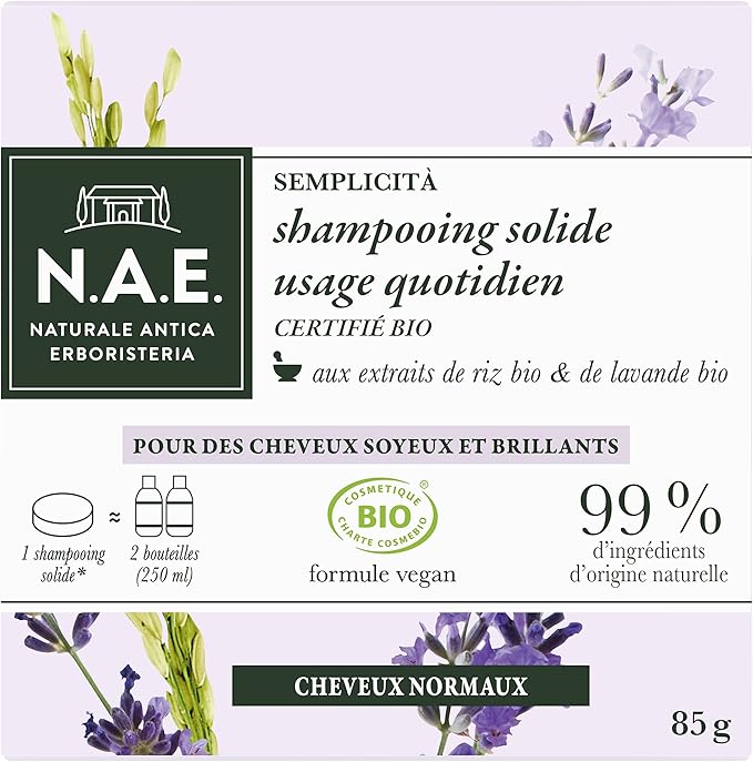 Shampoing solide N.A.E. Bio pour cheveux normaux – Riz, Lavande – Vegan (85g)