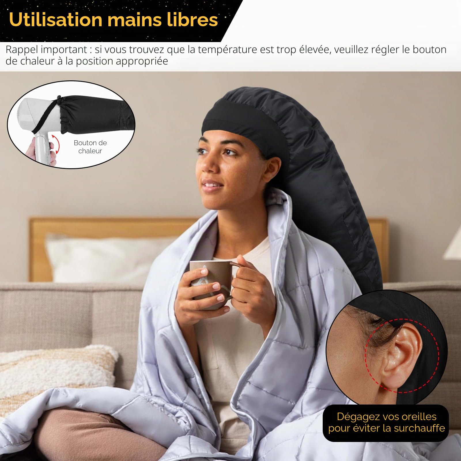 TEPENAR Bonnet Séchoir à Cheveux: Capuche Extra Large Réglable et Douce pour Cheveux Bouclés et Naturels - Séchage Rapide, Utilisation Facile - Noir