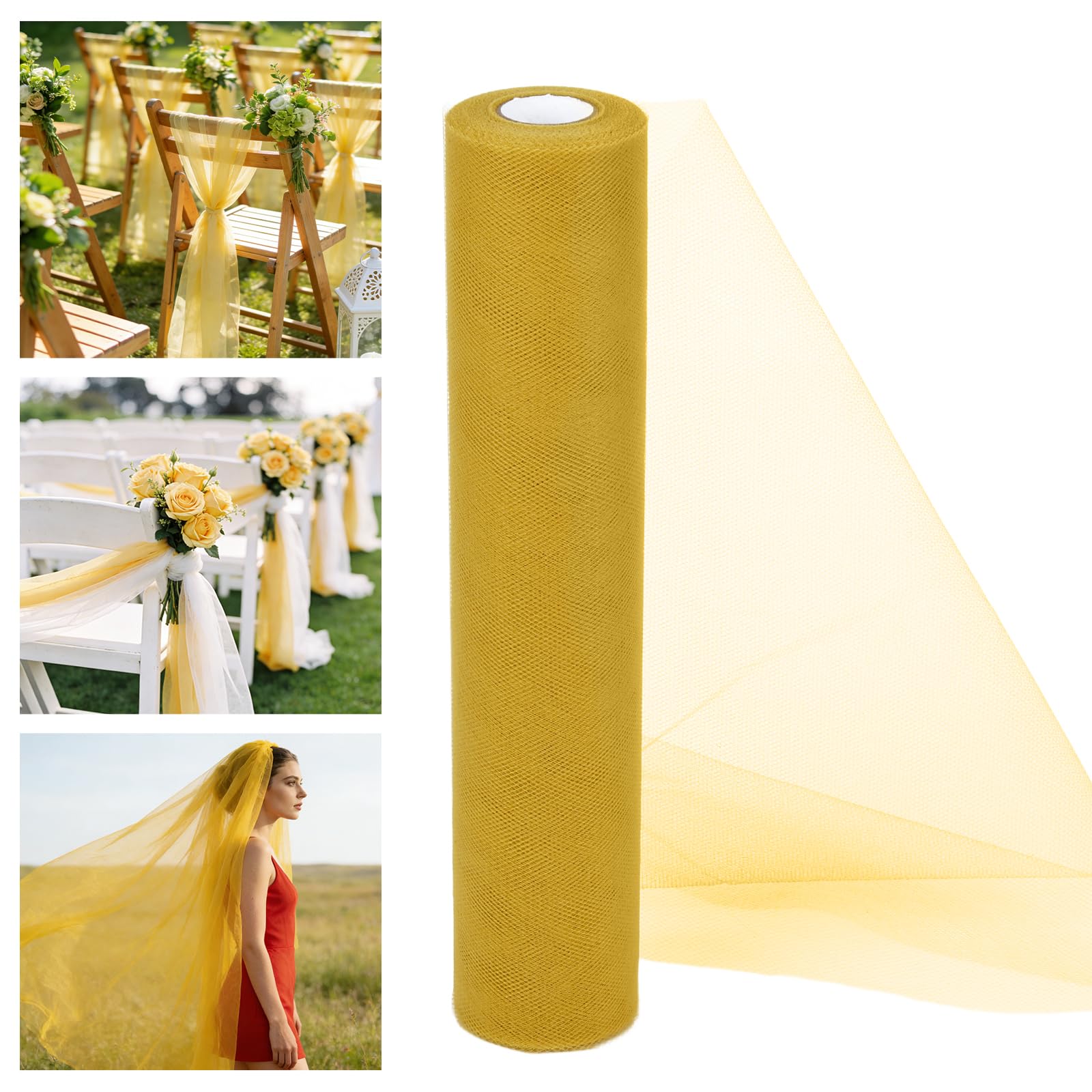Alaoo Tulle Fabrics Roll, Mesh Netting Fabric, Wedding Decoration Mesh for Table Runner Present Wrapping DIY Sewing Crafts Wedding Party Decorations, Yellow 29CM*26M