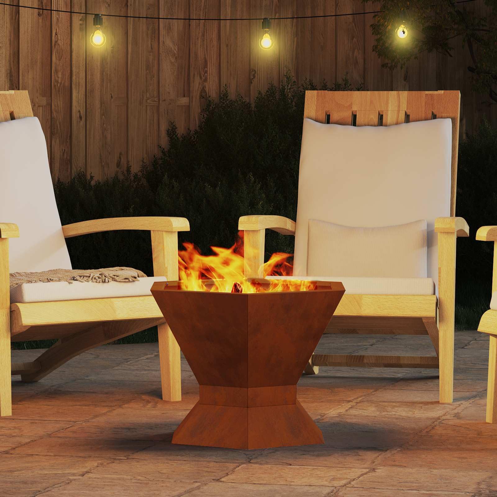 Feuerstelle Braun aus Wetterfeststahl 50 x 50 x 40 cm für Terrasse Garten und Haus, robuste Outdoor Wärme für Zusammenkünfte, passend als Kamin Ofen Deko