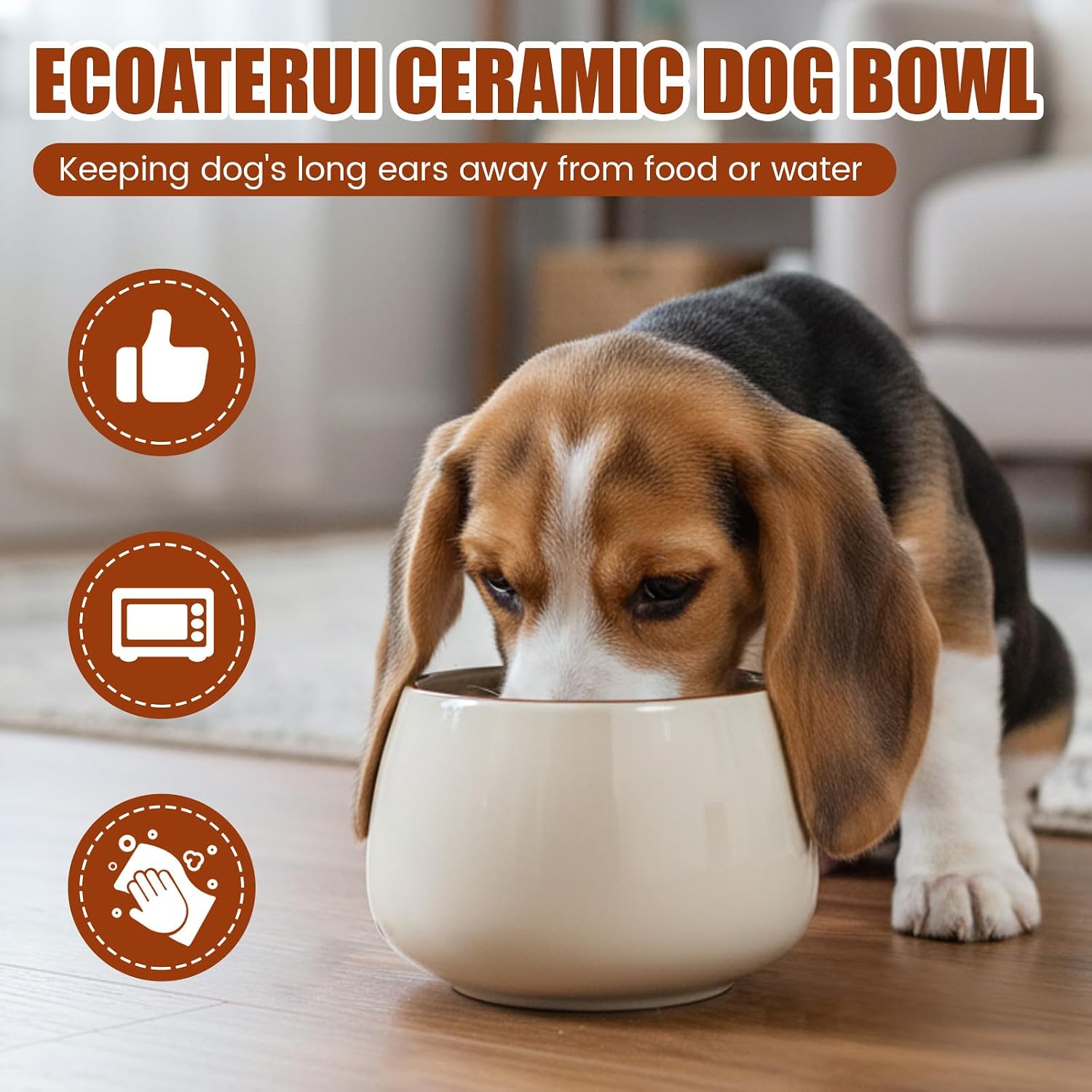 1 Pack 37 oz Ceramic Dog Bowl for Large Dogs with Long Ears No Spill Water & Food Pet Bowl Cocker Spaniel Beagle Bassett (Beige)