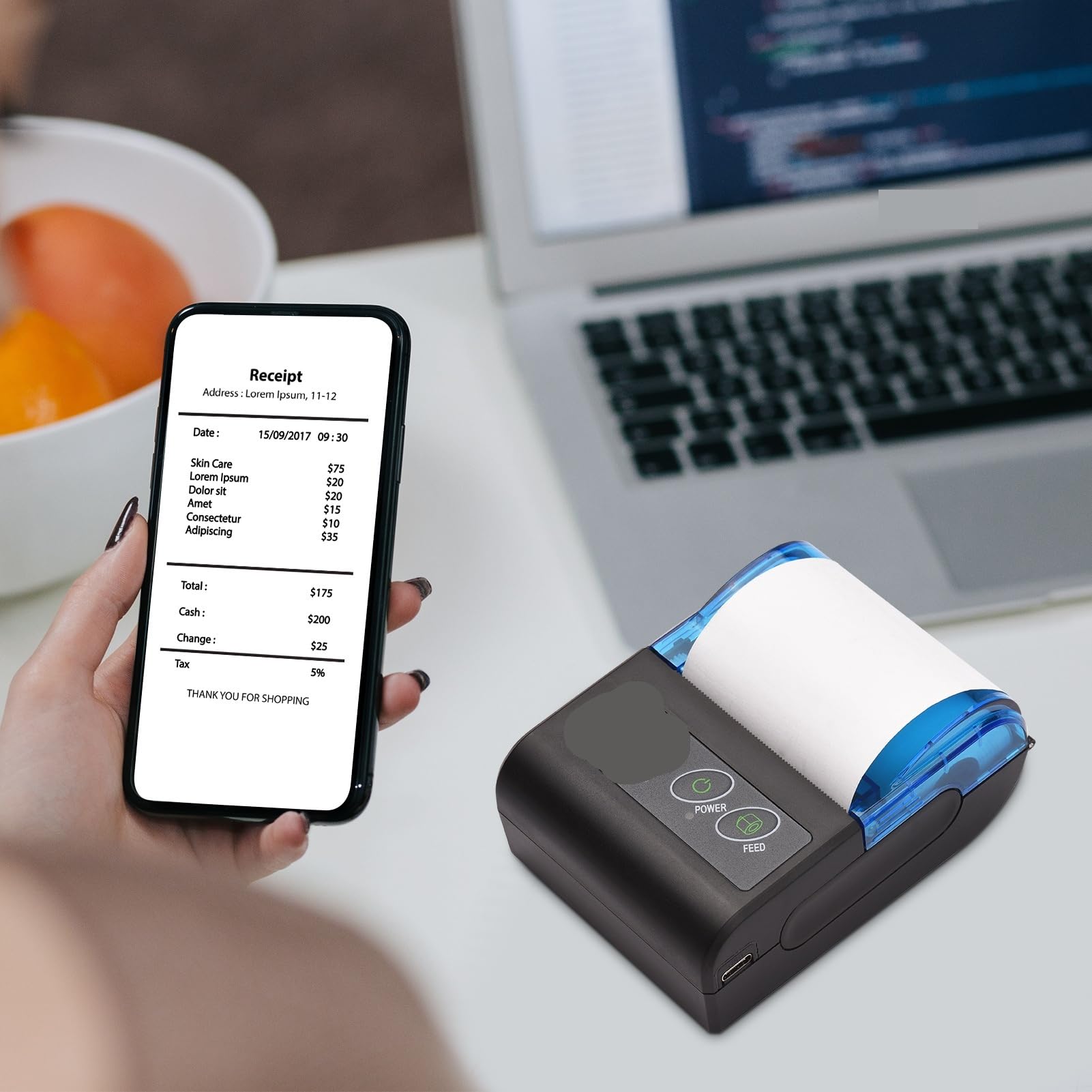 Imprimante Portable, Mini imprimante Thermique Portable 2 Pouces sans Fil USB for reçus, factures, Tickets avec Papier d'impression 58 mm