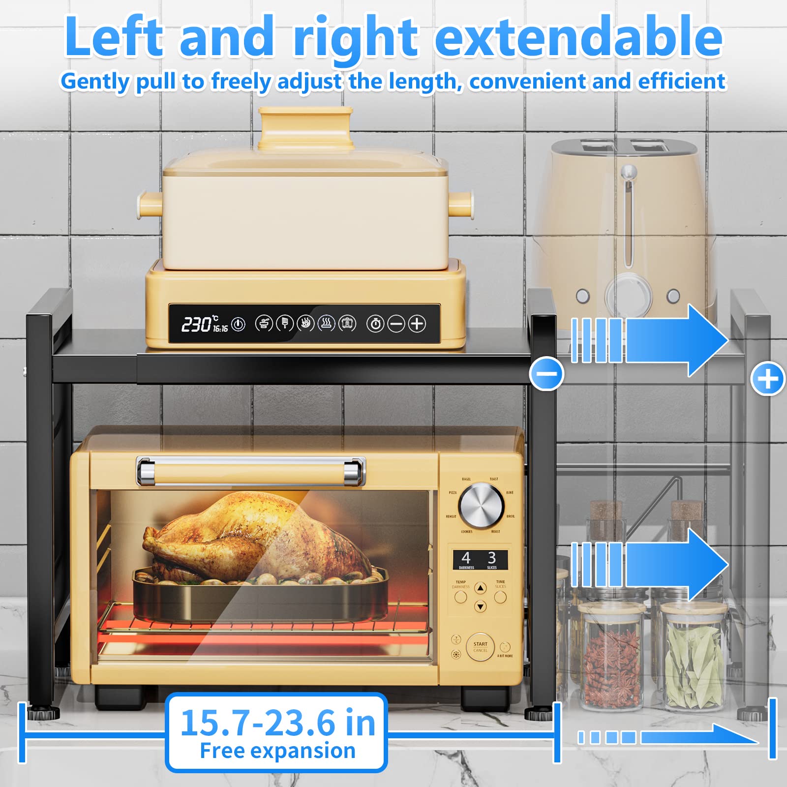 EKNITEY Scaffale estensibile per forno a microonde, ripiano per microonde, 2 ripiani, supporto per microonde (lunghezza 40 cm x larghezza 32 cm x altezza 40 cm) con portaspezie e 6 ganci