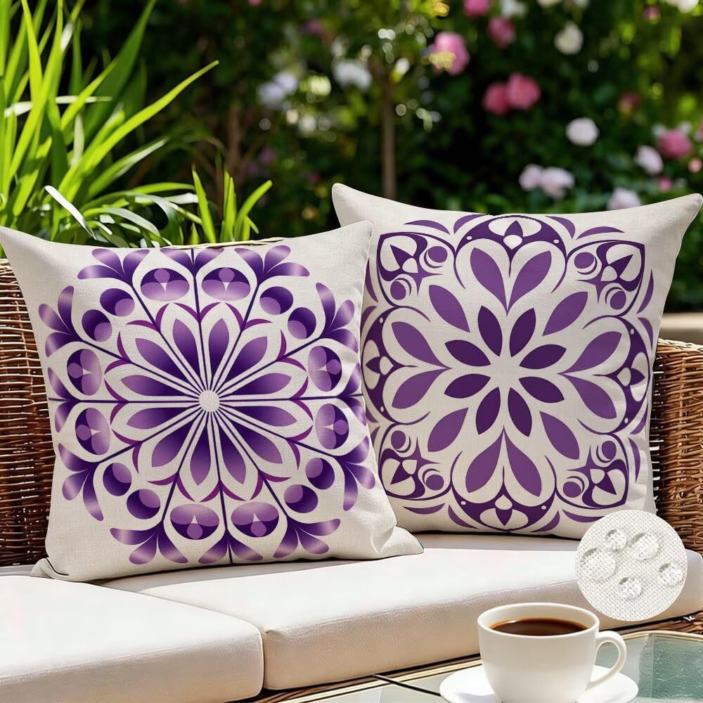 Outdoor Cushions Waterproof Purple Cushion Covers 35cm x 35cm Set of 2 Bohemian Garden Cushions Nordic Cushion Cover Decorative Pillows Linen Throw Pillow Case for Couch Sofa Garden Furniture (IU205)