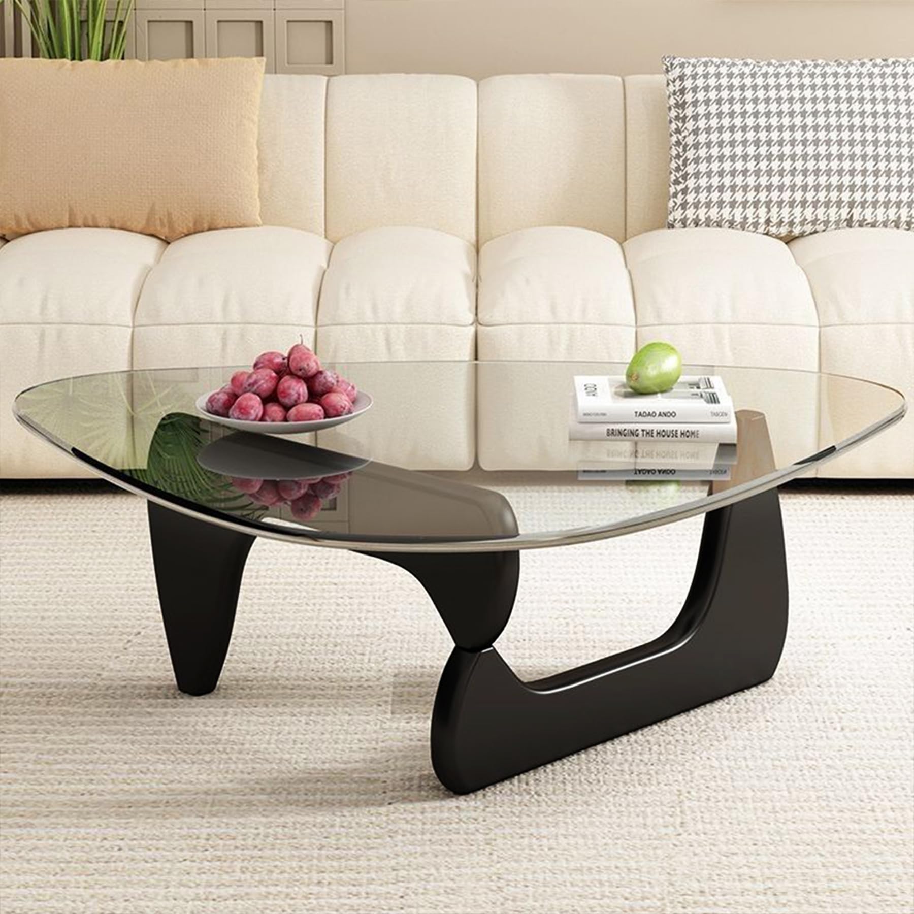 Glass Coffee Table for Living Room, Mid Century Modern Coffee Table, Abstract Oval Coffee Table, Mesa de Centro para Sala, Triangle Rustic Unique Table with Wood Legs, Black Transparent, 35.4in
