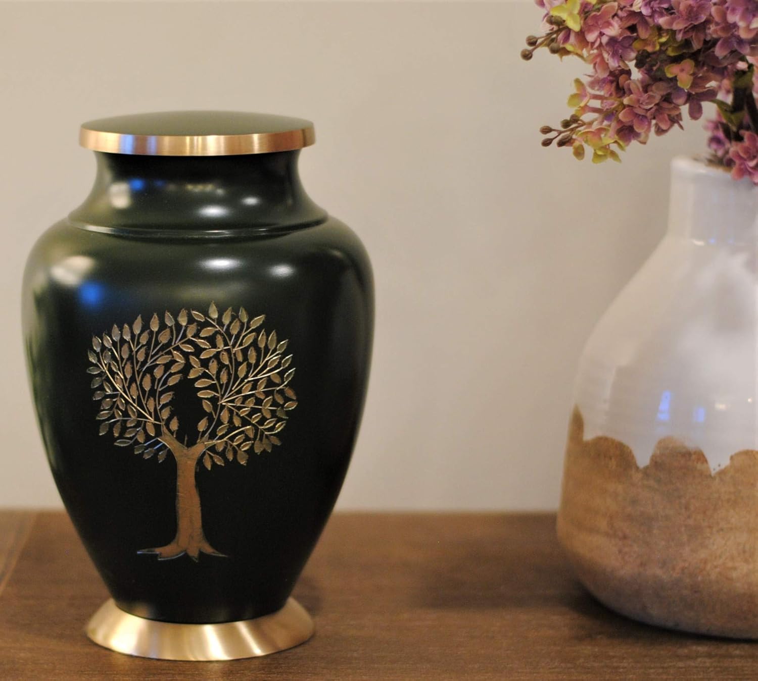 Today's A Gift Store Tree of Life Cremation Urn for Human Ashes, Large Adult Brass Urn, Seaweed Green Memorial Urn with Gold Engraving, Handcrafted Funeral Urn, Secure Lid with Velvet Bag(10.5 Inches)