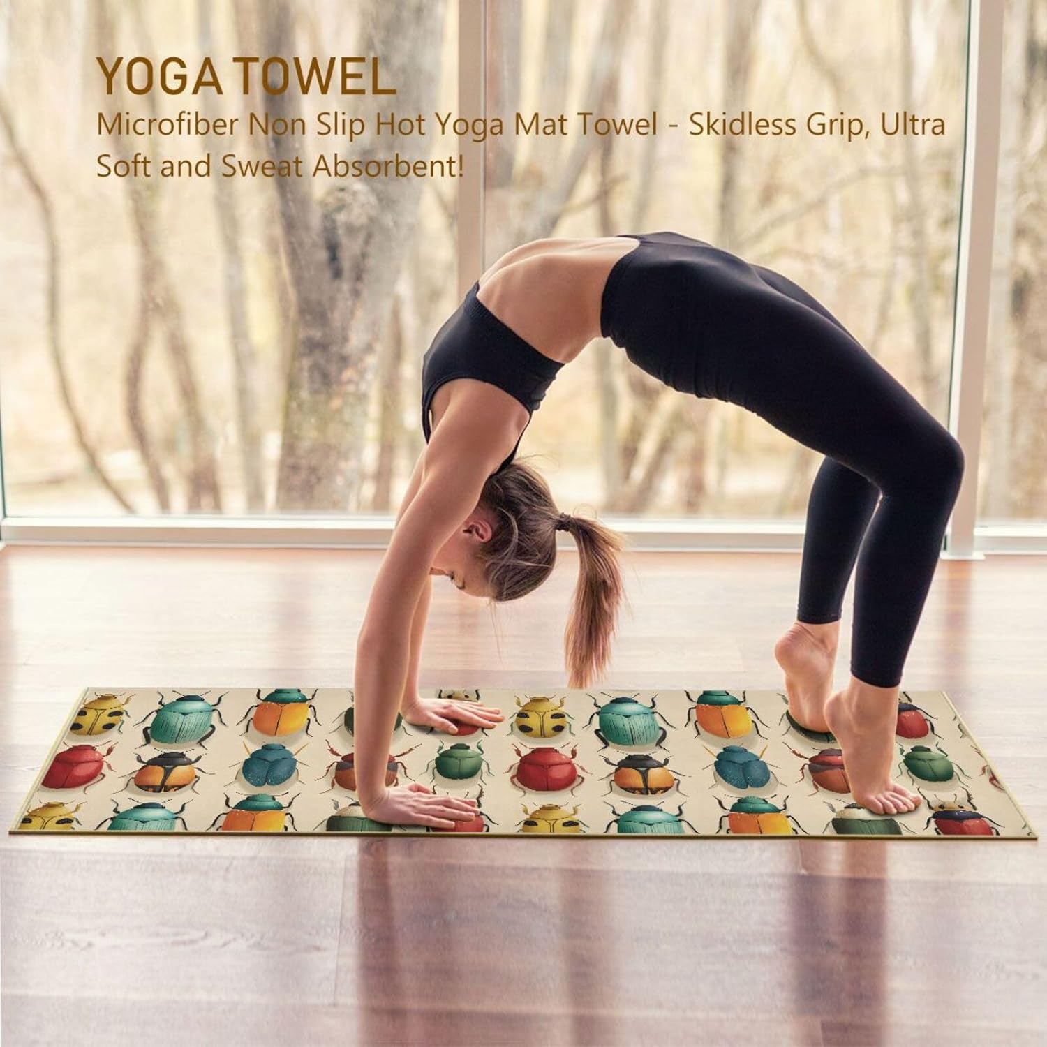 Hot Yoga Towel Beetle Group – Stylish, Non-Slip, Grip Dots, Super Absorbent, 27" x 73" - Yoga Mat Towels for Exercise, Fitness