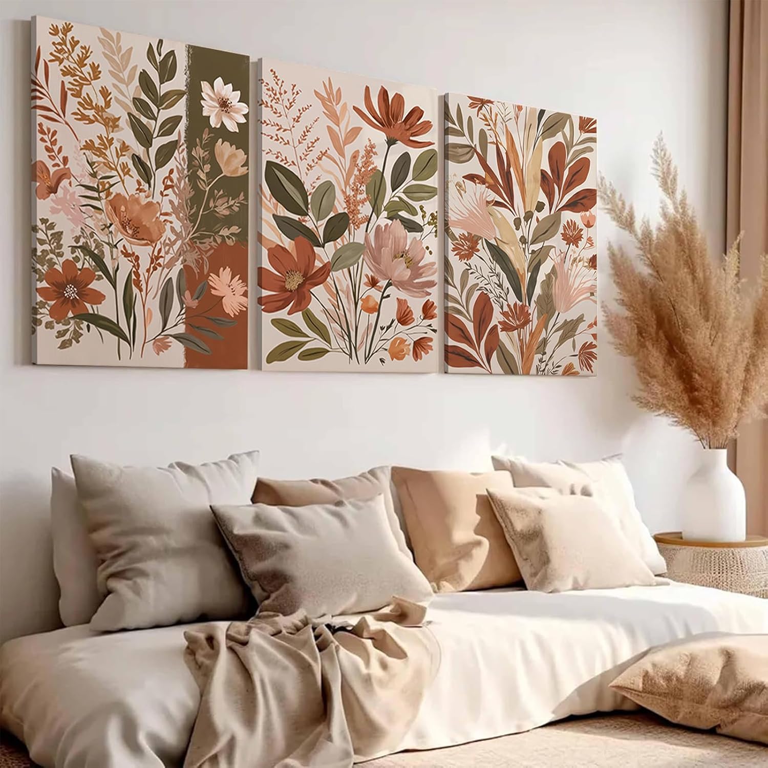 COYIKC 3Pcs Boho Canvas Wall Art Green Botanical Print Floral Wall Decor pictures Earth Tones Plants Flowers Neutral Painting Aesthetic Artwork 3 Piece Wall Decoration Ready to Hang Size 12" x 16"