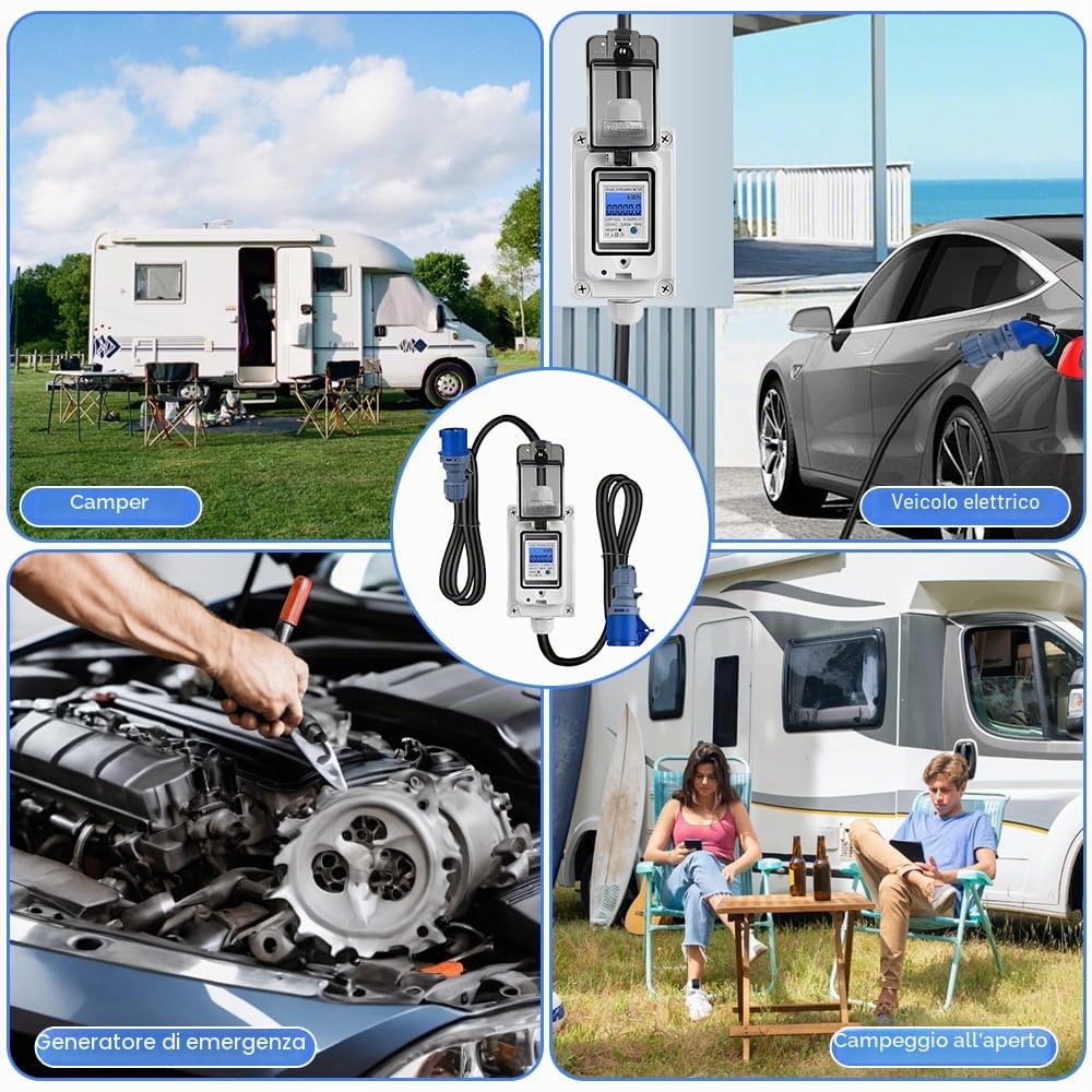 Contatore elettrico digitale portatile, 230 V, 16 A, per presa di corrente, per esterni, IP67, impermeabile, contatore intermedio per esterni, con cavo in gomma, portatile, per camper veicoli