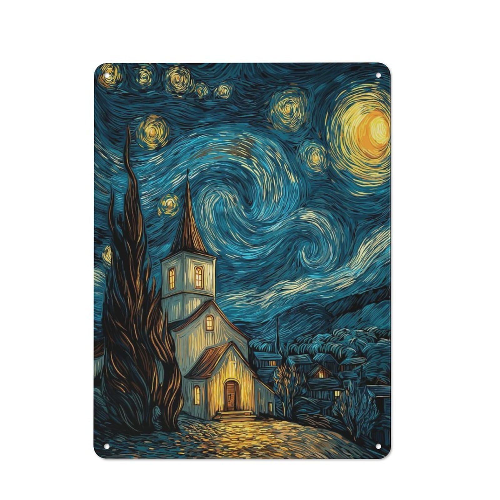 Junmoney Style-15 Starry Night Church Printed Metal Sign 40X30cm For Studio Or Craft Room, A Decorative Gift For A Newly Furnished Studio And Craft Room