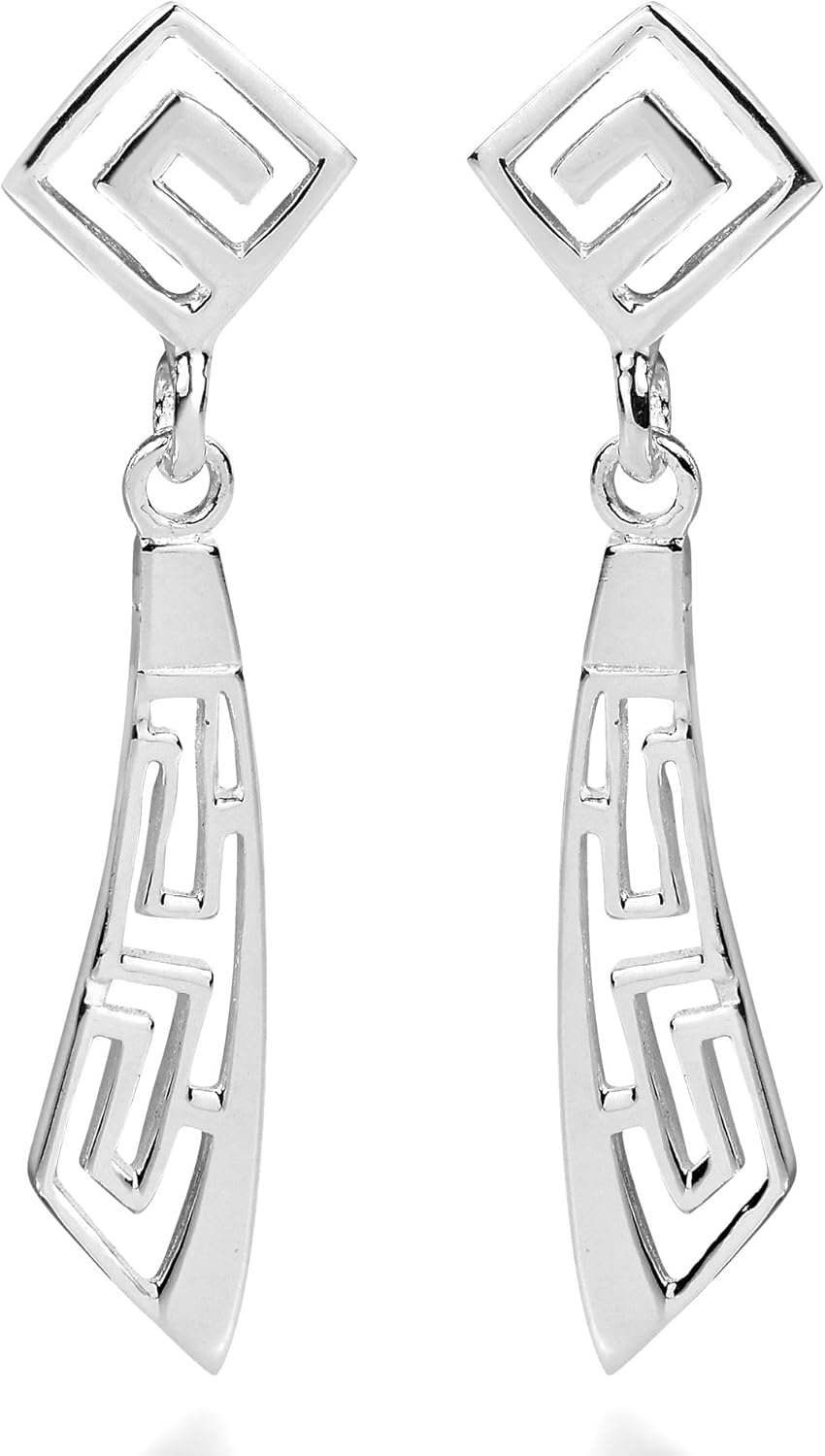 AeraVida Enchanting Abstract Greek Key Style .925 Sterling Silver Post Dangle Earrings | Casual Sterling Silver Dangle Earring for Women