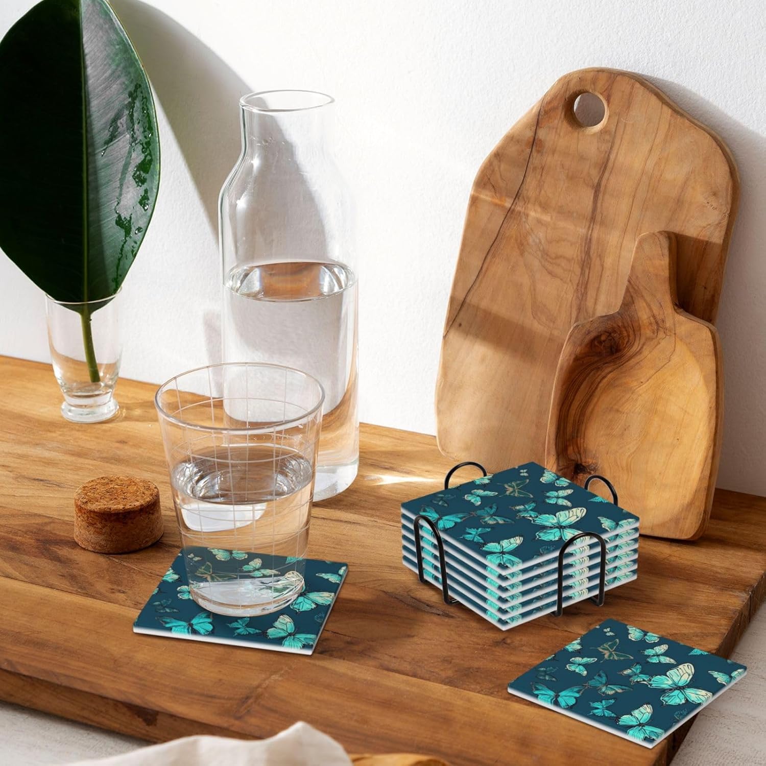 ドリンクコースター6枚セット セラミックコースター ホルダー付き フライングターコイズ バタフライ ラウンドコースター ドリンク用