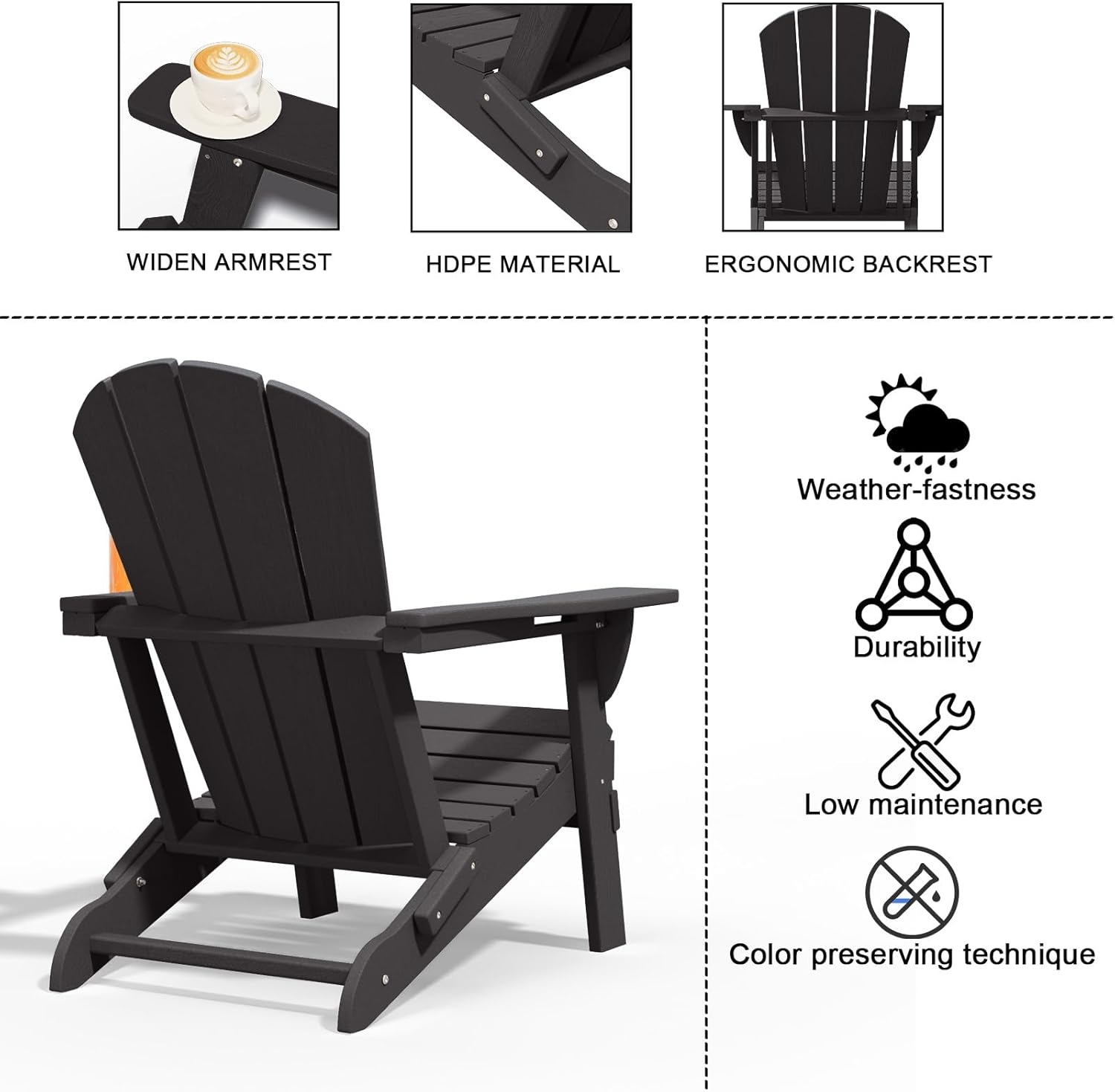 Folding Adirondack Chairs with Cup Holders, Set of 4 HDPE Plastic Outdoor Chairs, Weather Resistant, Real Wood Look, Heavy-Duty Patio Furniture for Deck, Fire Pit, Backyard, Black