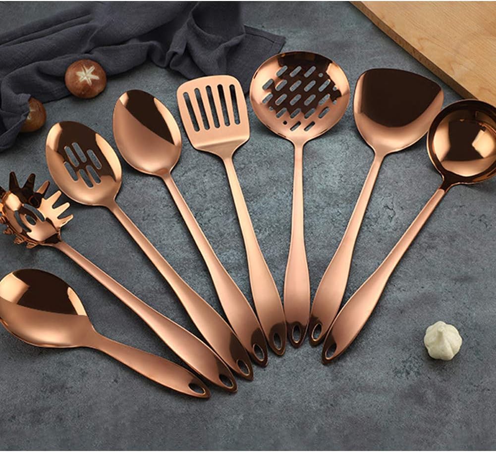 8 Piece Stainless Steel Kitchen Utensil Set Rose Gold Nonstick Cooking Utenisls Titanium Plated Kitchen Tools Gadgets Slotted Spatula Spoon Turner Ladle Dishwasher Safe