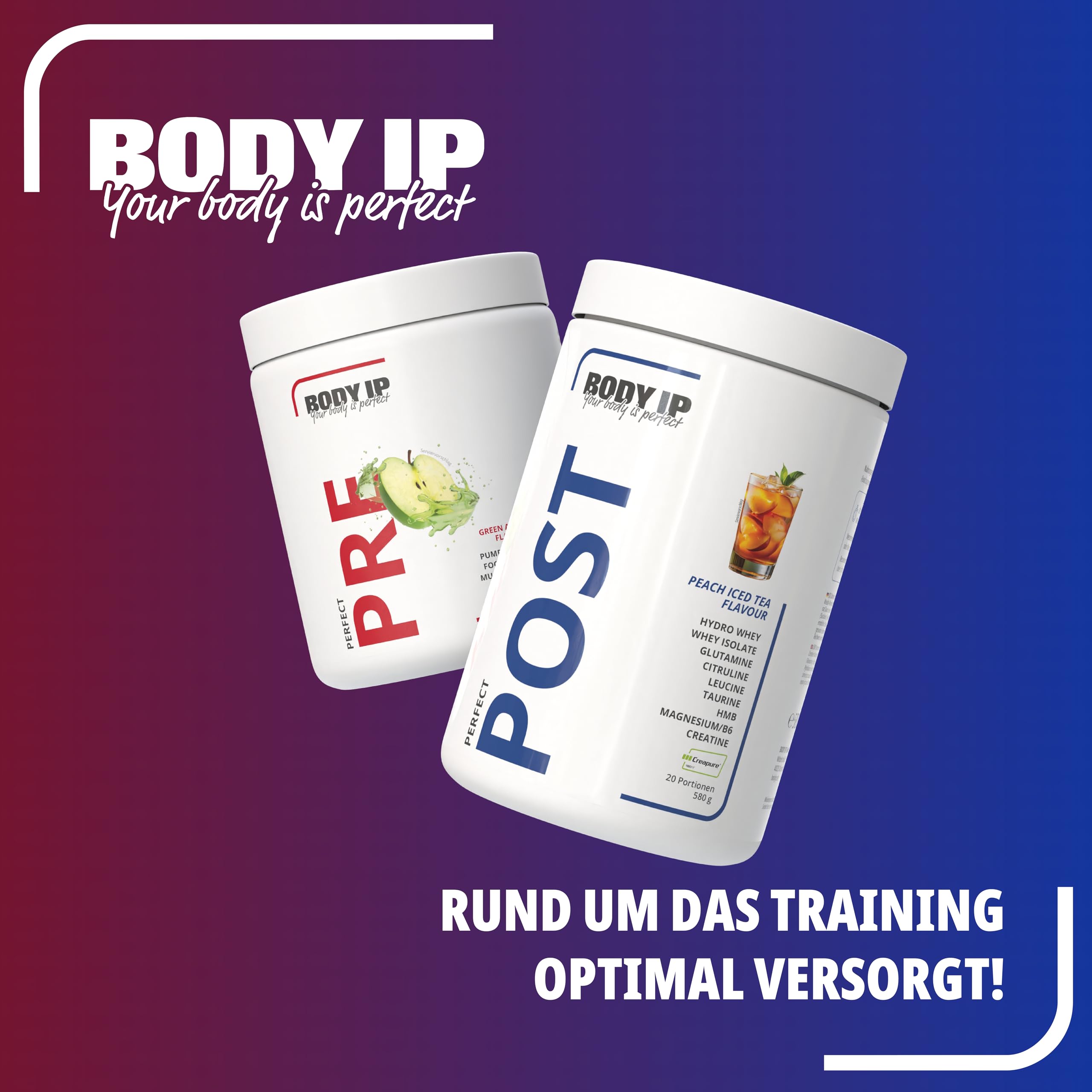 BODY IP Perfect Post 2.0 | Orange | Post Workout Shake 580g | Enthält EAAs, Glutamin, Leucine, Citrullin, Taurin, HMB, Magnesium & Vitamin B6 und 3,4g Creatine Monohydrat pro Portion