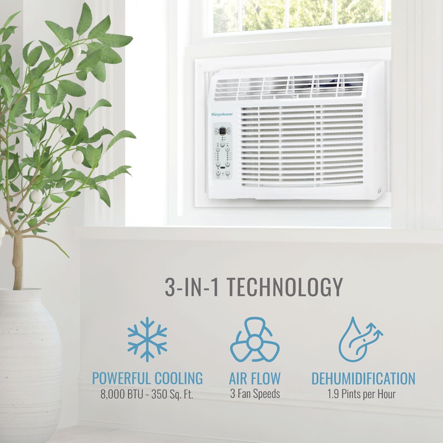 Keystone KSTAW08BE Air Conditioner with text '3-in-1 Technology: Powerful Cooling, Air Flow, Dehumidification'