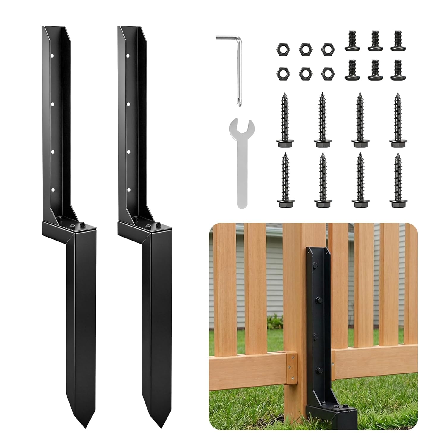 Fence Post Repair Kit – Heavy Duty Steel Fence Post Anchor for Leaning or Broken Posts, Fence Post stabilizer with Screws & Tool,32inch(2 pcs)