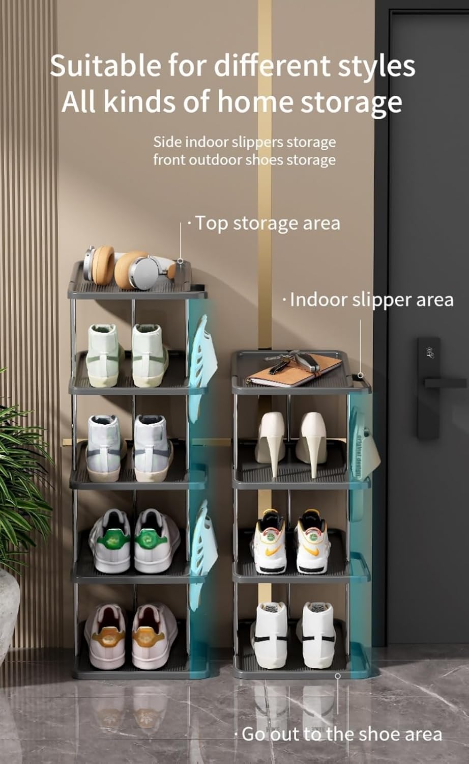 Vertical Shoe Rack,7 Tiers Stackable Shoe Rack for 14 Pairs,Narrow Shoe Tower,Space Saving,for Entryway,Living Room,Bedroom,Closet,DIY Free Standing Shoe Organizer(Khaki,7 Tiers)