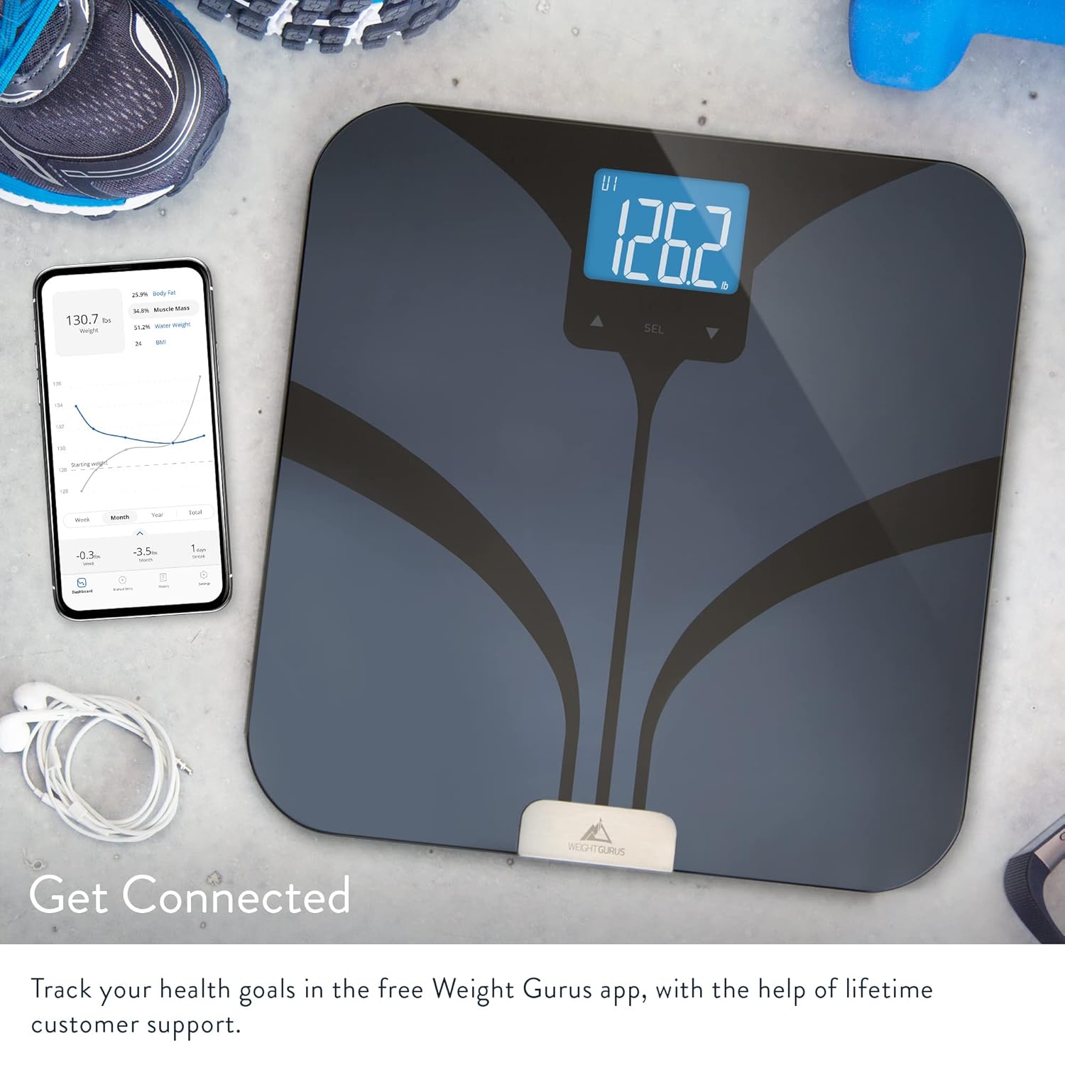 Greater Goods Digital Body Composition Black Scale, Calculates Weight, BMI, Body Fat, Muscle Mass, and Water Weight, Designed in St. Louis, in-House App for Android and iPhone (Black) : Home & Kitchen