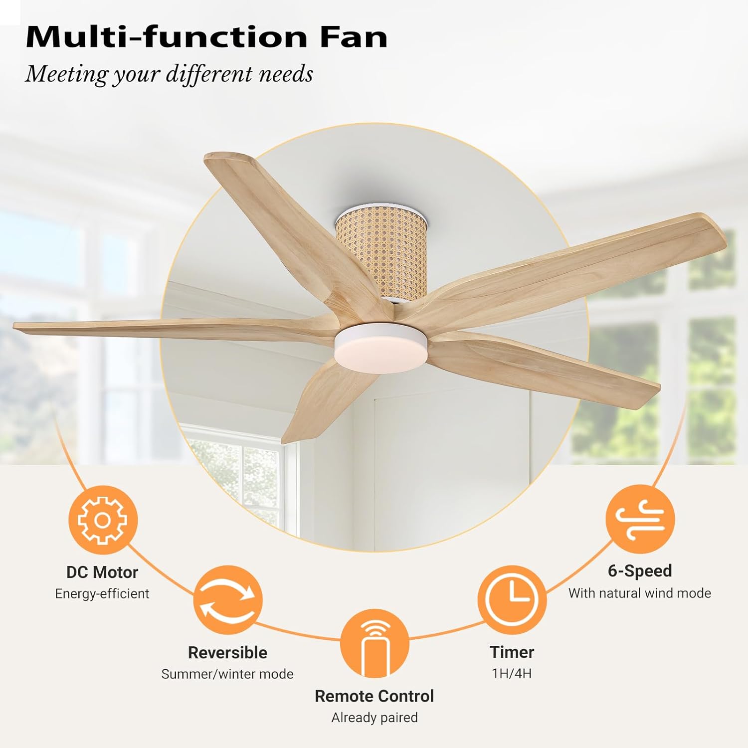 LEDLUX 54" Ceiling Fan with Light - Low Profile Flush Mount Ceiling Fan, 6-Speed Remote Control, Solid Wood, Quiet Reversible DC Motor, Wood/White Finish, for Bedroom, Living Room, Porch
