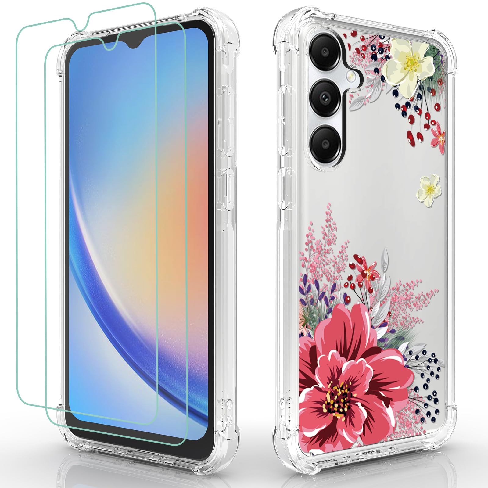 Osophter for Samsung Galaxy A35 5G Case: Women Girls Flower Floral with Screen Protector Flexible TPU Rubber Samsung Galaxy A35 5G Phone Cover-(Red