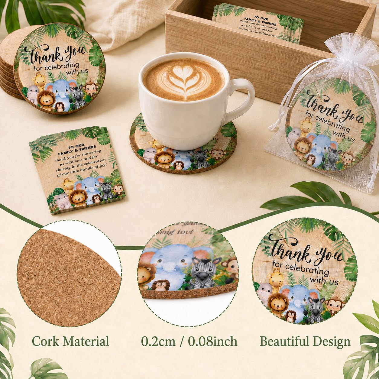 Cinrobiye 50 Set Safari Baby Shower Favor Set, Jungle Animal Cork Drink Coasters with Thank You Cards, Baby Shower Guest Favors, Safari Baby Shower Decorations, Gender Neutral Party Supplies image 3