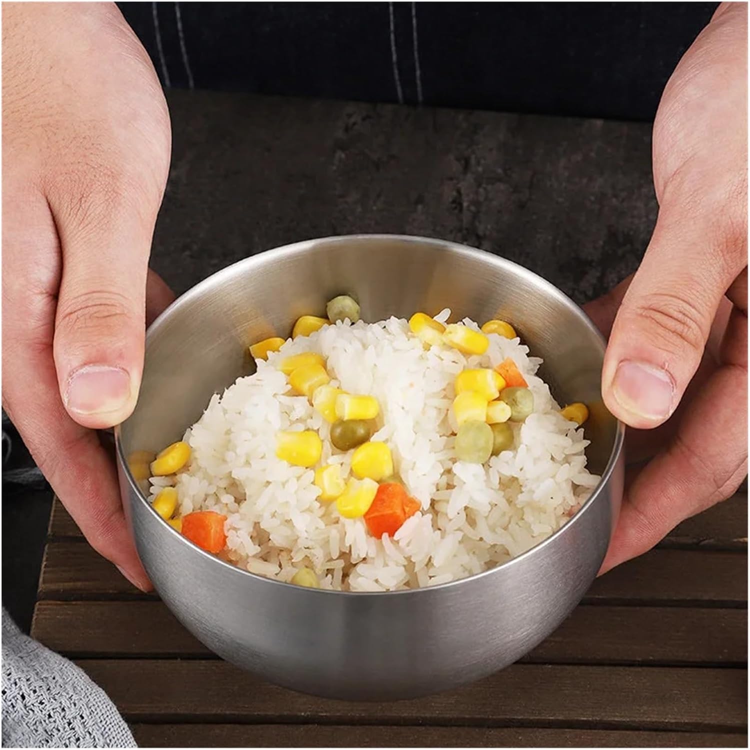 Stainless steel bowl Stainless Steel Double-layer Soup Bowl Thickened Noodle Household Rice Bowls Kitchen Tableware(20CM)