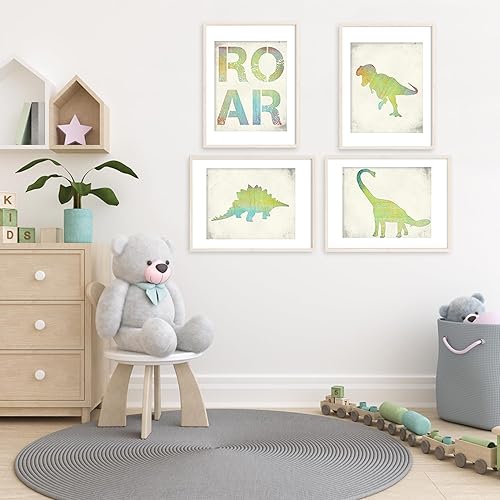 Miniatura 5 de Impresiones artísticas de pared de dinosaurio para dormitorio (juego de 4), sin marco, 8 x 10 segundos, decoración prehistórica divertida y