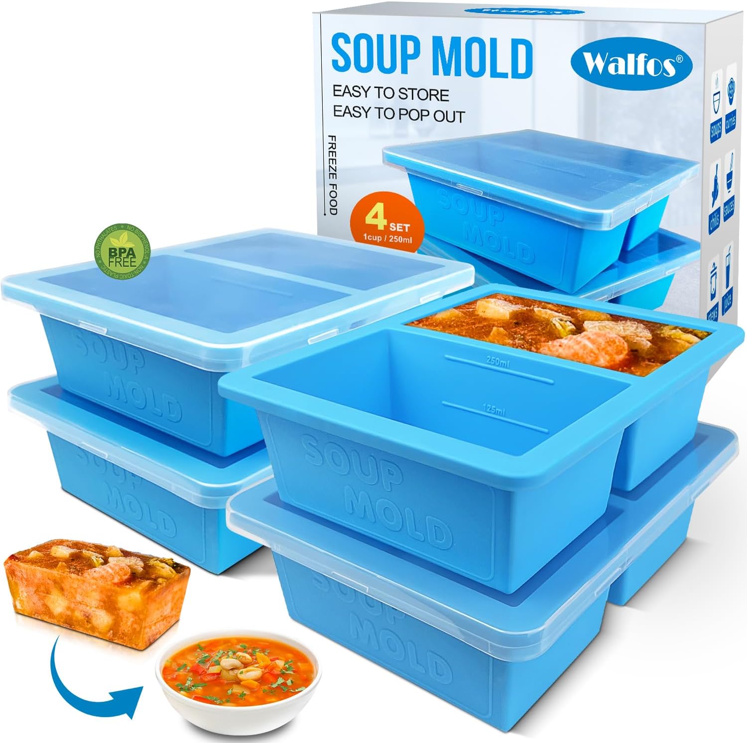 Walfos 1-Cup Silicone Freezer Molds with Lid, 4 Packs Soup Freezer Ice Cube Tray For Food, Silicone Food Freezing Container For Storing and Freezing Soup, Broth, Sauce and Ice.
