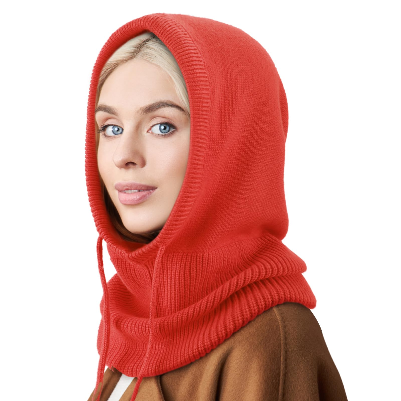 Dreshow Women's 1 Pc Hooded Hat: Red Winter Hats For Balaclava Knit Beanie Skull Cap With Drawstring Warm Hooded Scarf Hat