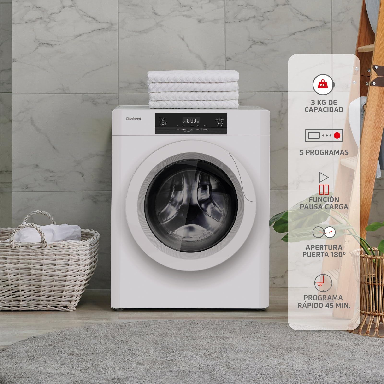 Corberó CSM320W Sèche-linge d'évacuation Charge avant, 3 kg, Évacuation, Affichage LED, Blanc, 5 programmes, séchage rapide 45 min, ouverture 180°, 65dB, Efficacité énergétique C