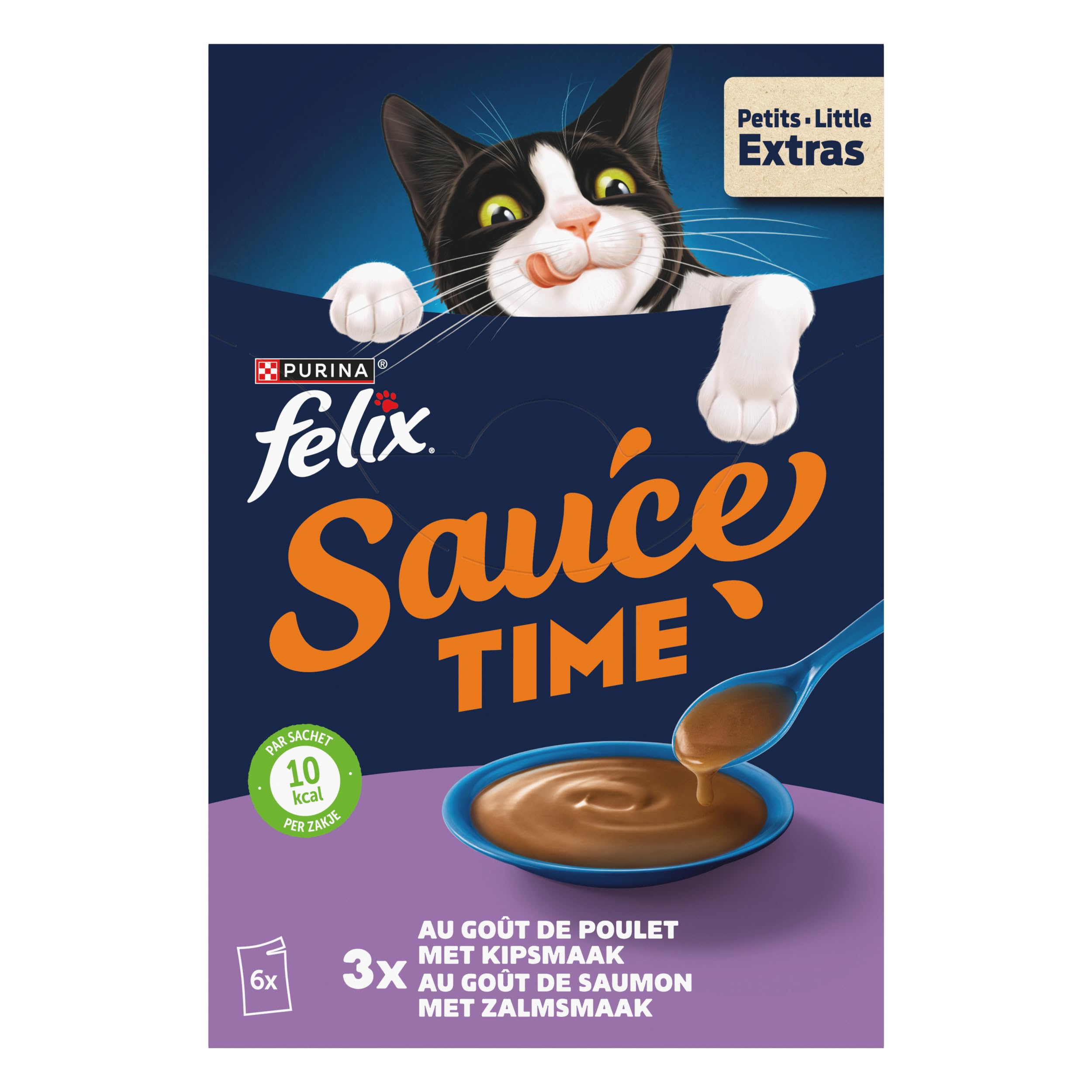 FELIX | Sauce Time | Aliment complémentaire en Sauce irrésistible pour Chat Adulte | Élaboré avec des ingrédients de qualité | Au Poulet, au Saumon | Sachets Fraîcheur |Lot de 8 boîtes de 6 x 40g