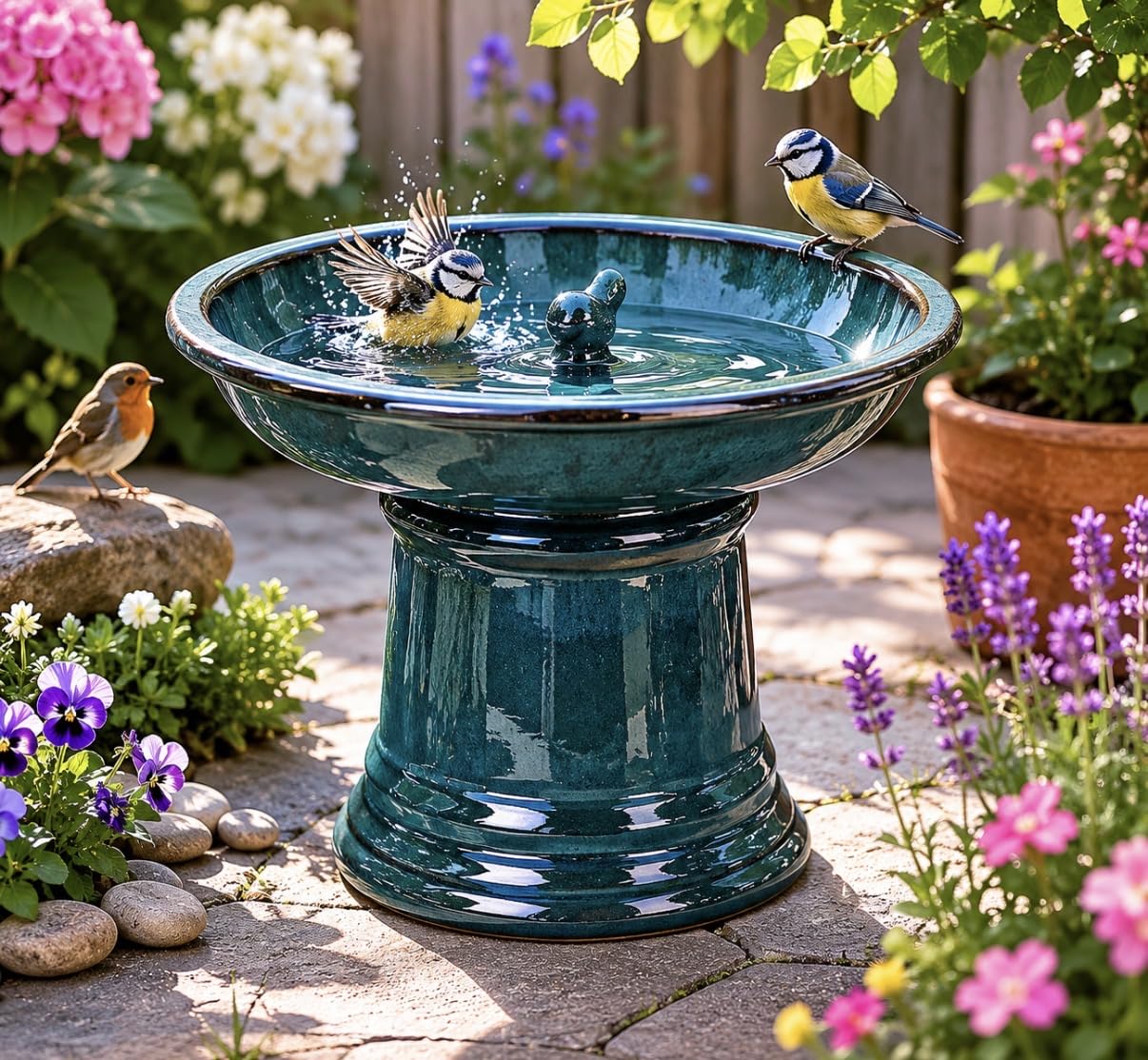 Dekorative Vogeltränke/Vogelbad aus Keramik mit stabilem Fuß. Ideal für Garten, Terrasse oder Balkon und perfekt als stilvolle Wasserstelle für Wildvögel.