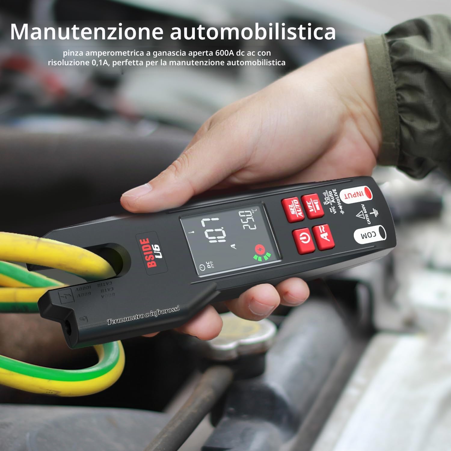 BSIDE U6 Tester Elettrico con Termometro Infrarossi Pinza Amperometrica AC DC 600A 9999 Conteggi VFC LCD a Colori Multimetro Digitale Intelligente Ganasce Aperte con Batteria Ricaricabile e Custodia