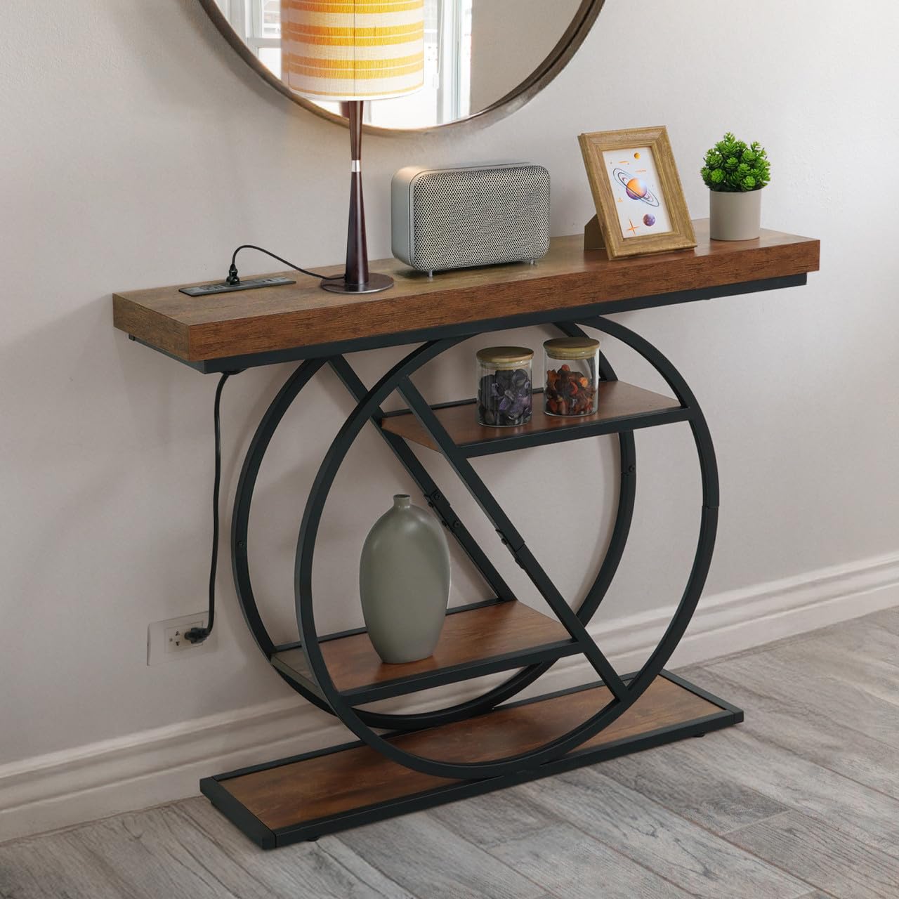 CAPHAUS 41” Unique Design 4-Tier Industrial Thick Sofa Console Table w/Storage & Charging Station, Entrance Tableau w/ 2 Outlets, USB & Type-C Ports