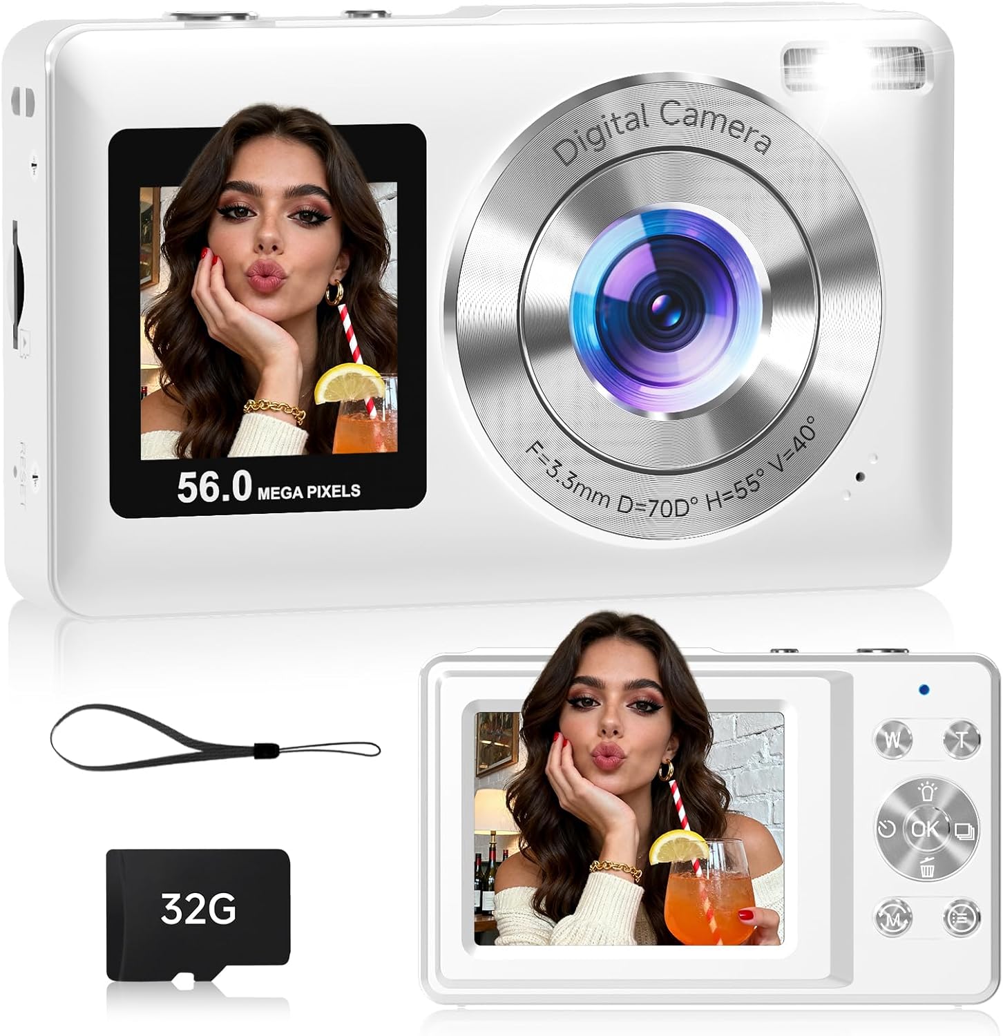 Compact Camera,56MP Dual-Screen Digital Camera for Teens with Auto Focus,Smile Capture,Anti-Shake,16X Zoom,32GB SD Card Camera Digital Gift for Boys Girls Teens