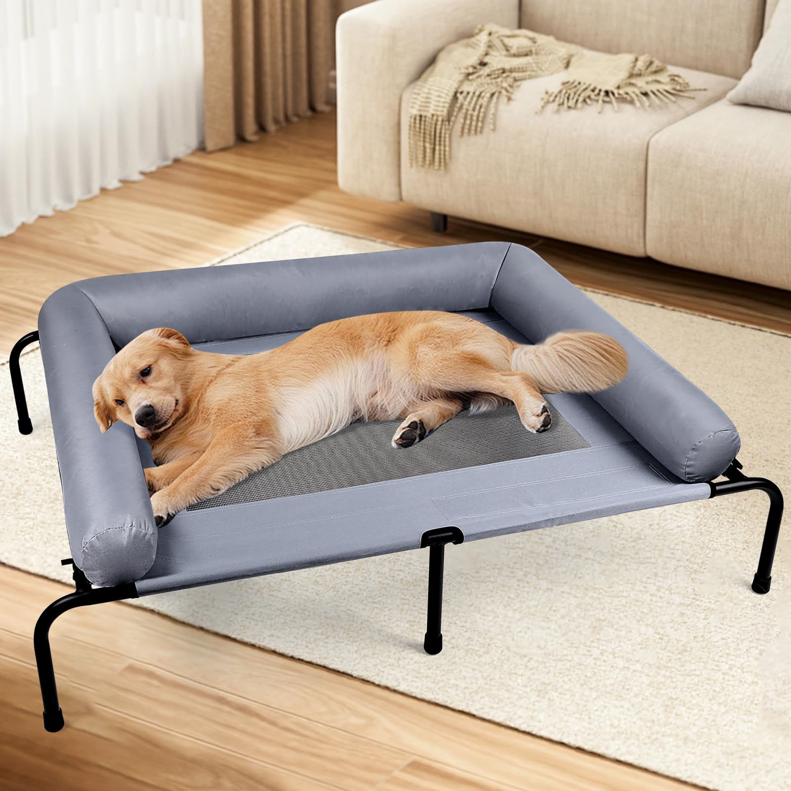 Large Elevated Raised Dog Bed, Outdoor Dog Bed with Bolster, Dog ...