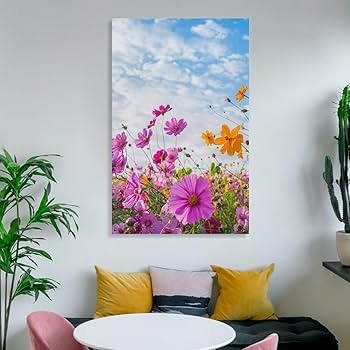 コスモス花畑の油彩画　装飾フレーム付き コスモス花畑の油彩画 装飾フレーム付き