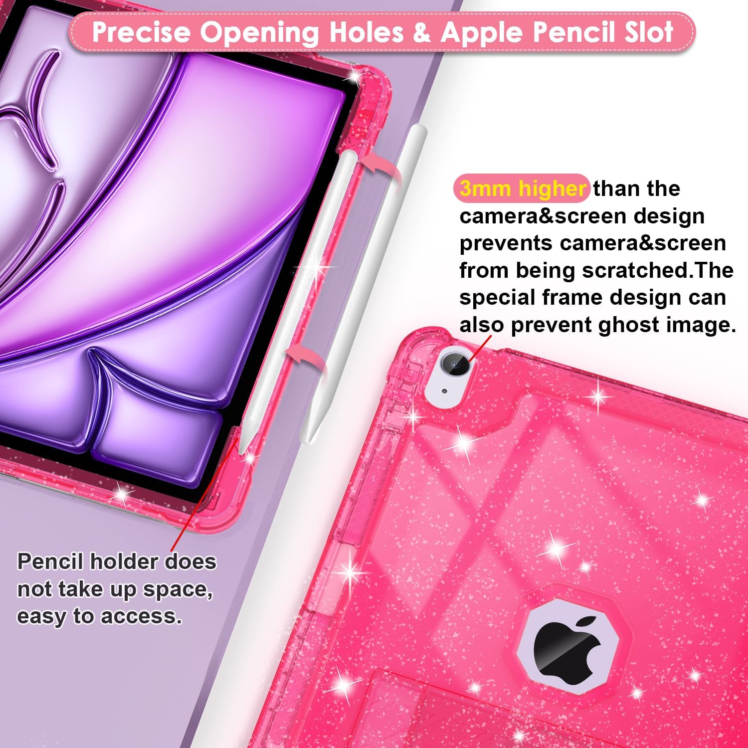 for iPad Air M3 13 Inch Case 2025, for iPad Air M2 13-inch 6th Gen 2024 Glitter Slim Cover with Pencil Holder Heavy Duty Shockproof Hard Protective Case with Kickstand, Hot Pink - Image 5