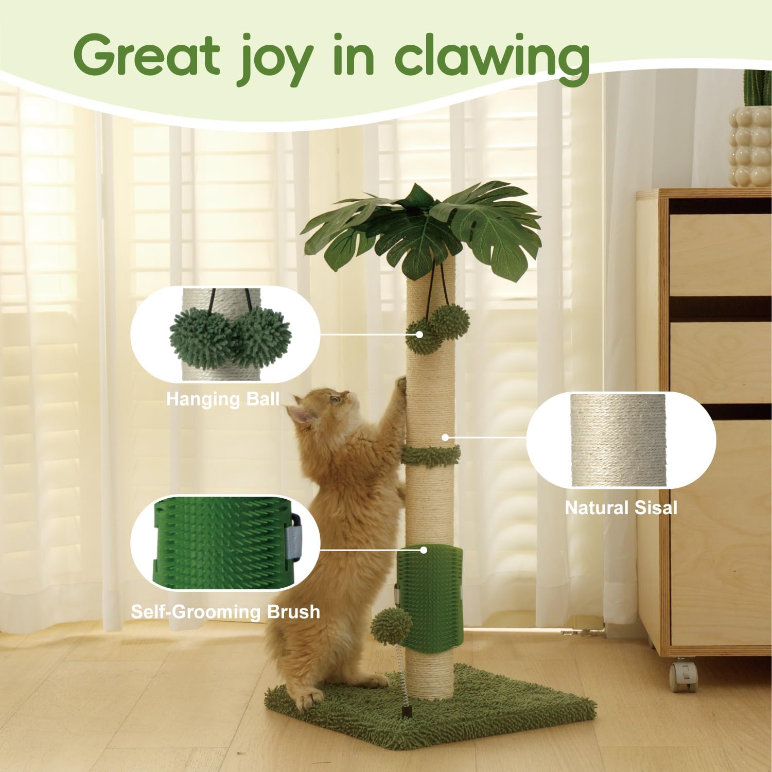 MECOOL Cat Scartching Post，30-inch Cute Scartching Posts for Indoor Cats and Kittens,Natural Sisal Rope and Hanging Ball Toy, Self-Grooming Brush,Green