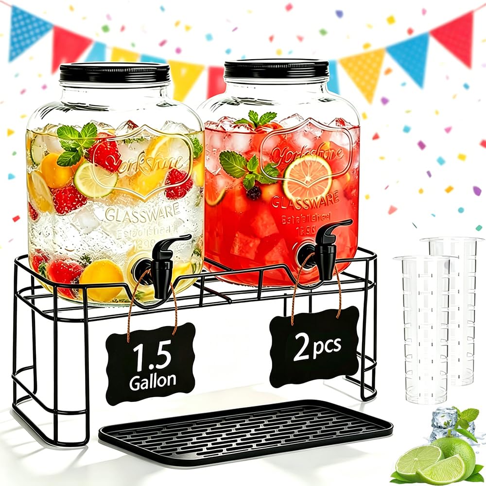 Getränkespender aus Glas mit Ständer + Küchenmatte, großer Getränkespender für Partys, Limonadenspender für Sonnentee, hausgemachter Saft, 2 Stück
