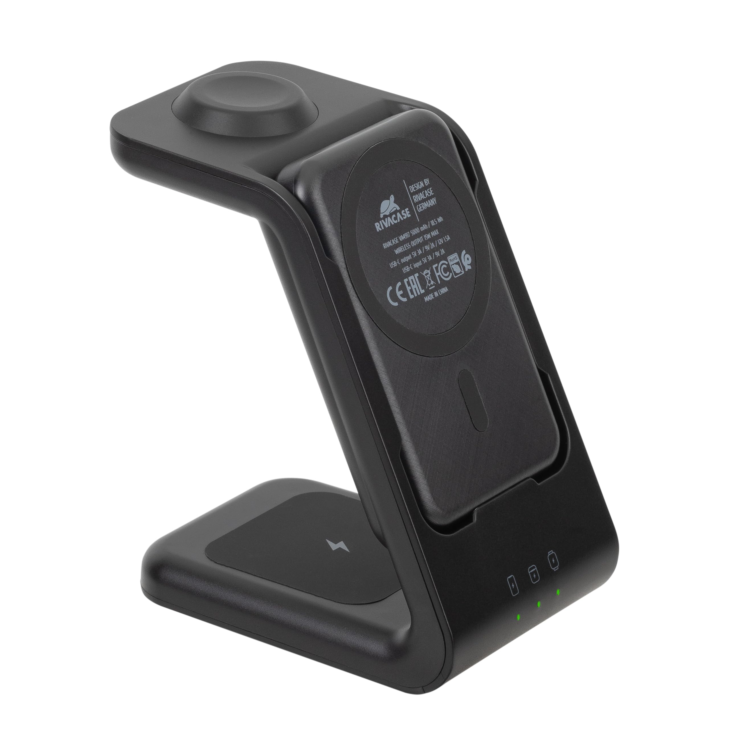 RIVACASE VA4917 Cargador inalámbrico Qi 15 W con batería externa con QC/PD 5000 mAh función de carga rápida, batería externa integrada extraíble